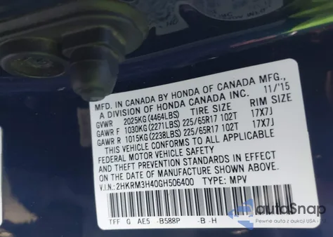 2016 Honda Cr-V Se из США, поврежденный, VIN 2HKRM3H40GH506400